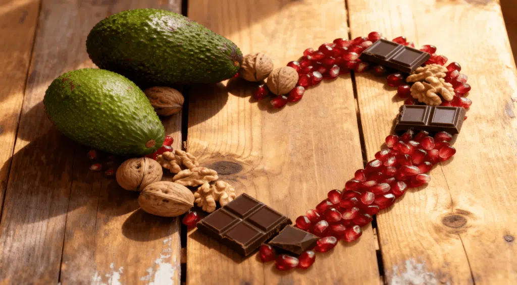A variety of heart-healthy foods including avocados, nuts, and berries arranged on a wooden table.