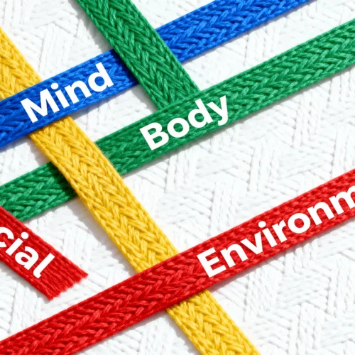 go-long-life_upQha0N4 Tapestry of well-being showing four colored threads for mind, body, social, environment