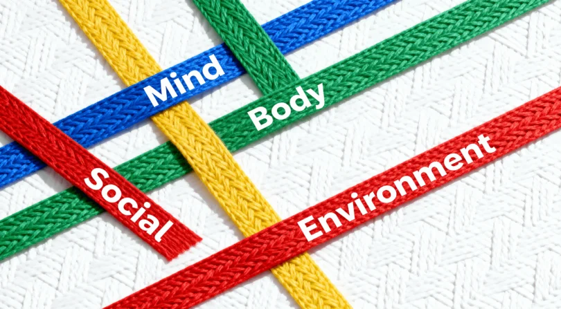 Tapestry of well-being showing four colored threads for mind, body, social, environment
