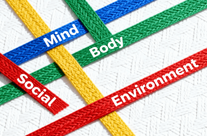 go-long-life_upQha0N4 Tapestry of well-being showing four colored threads for mind, body, social, environment