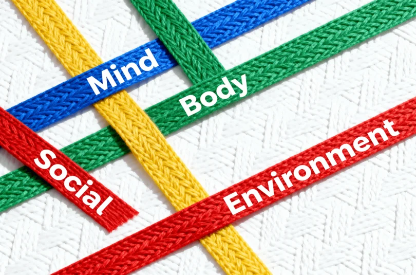 Tapestry of well-being showing four colored threads for mind, body, social, environment